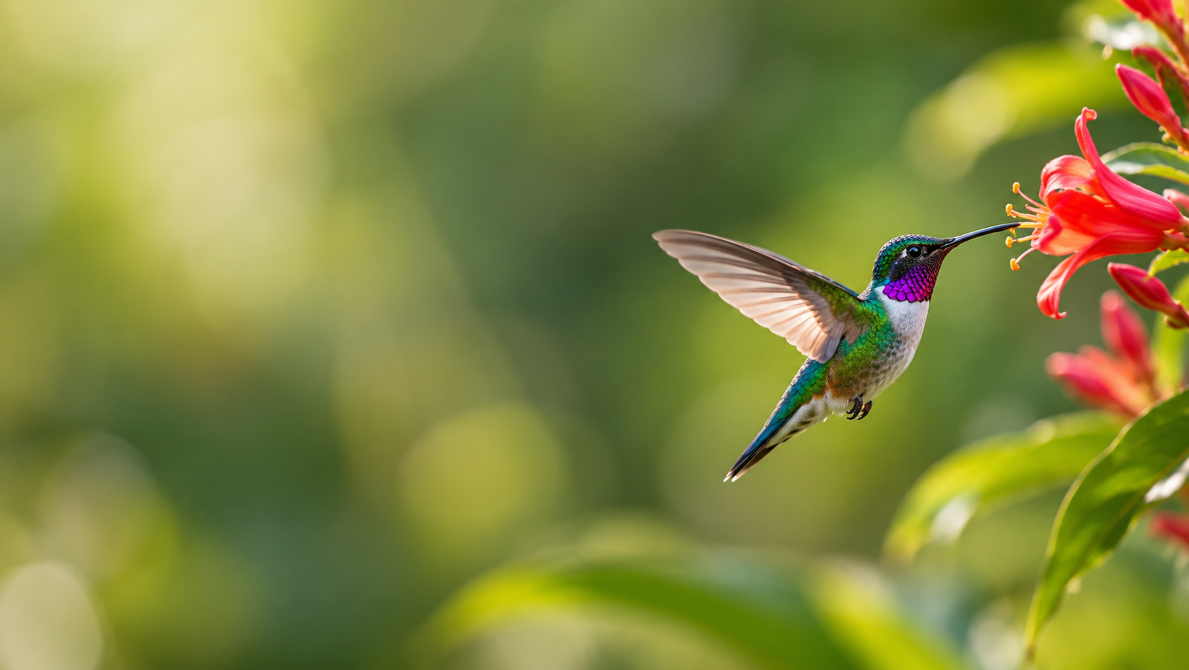 Colibrí en vuelo bebiendo néctar de una flor roja en la selva