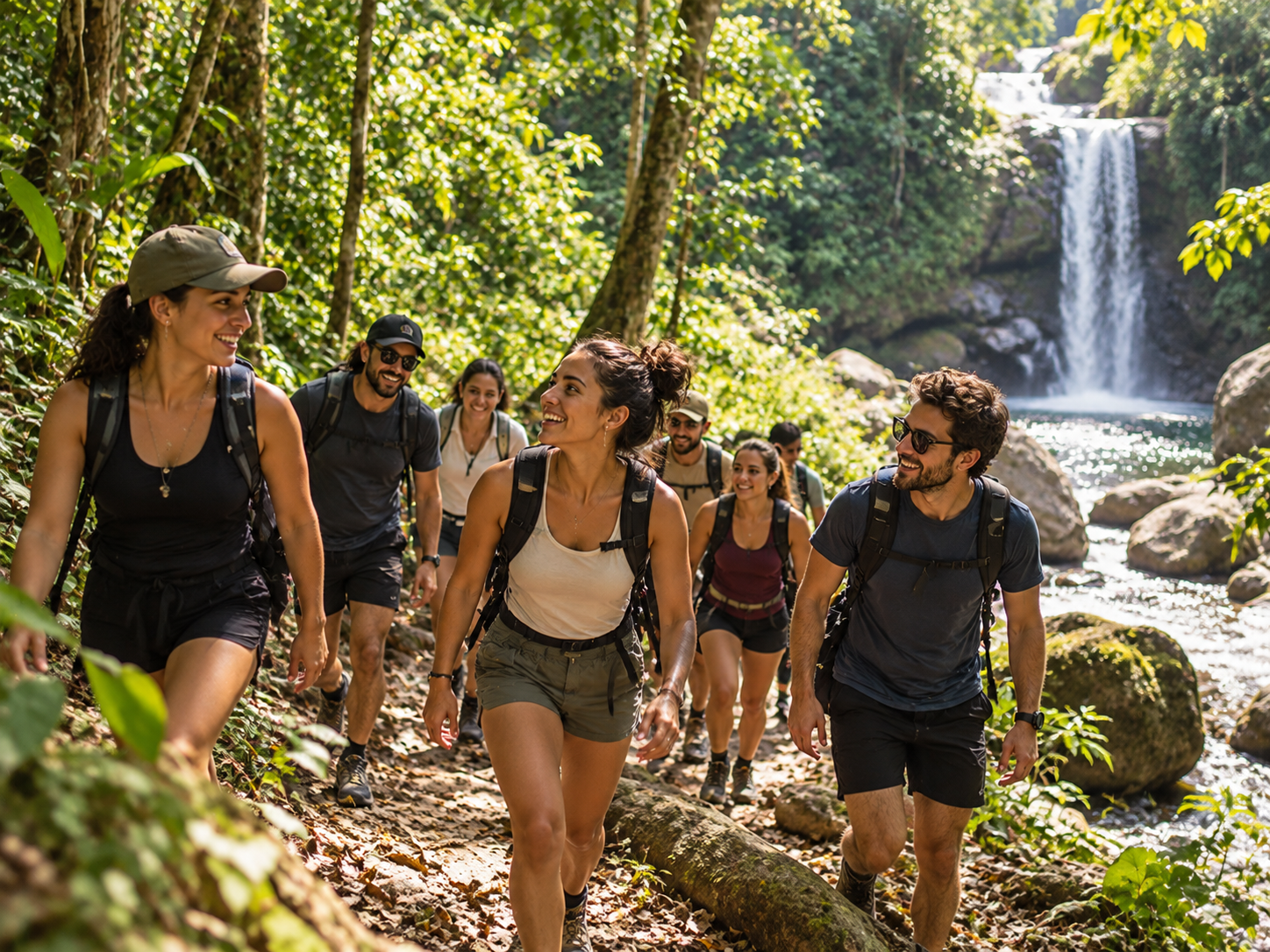 Grupo de viajeros caminando por la selva junto a una cascada
