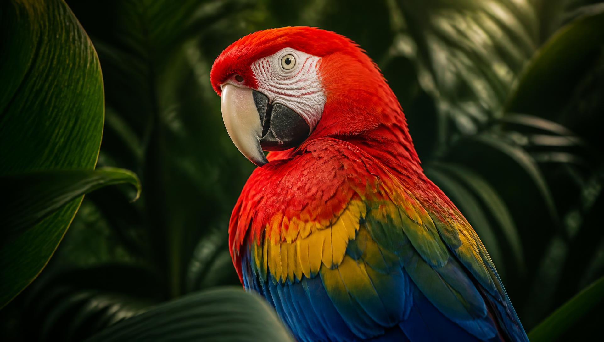 Guacamaya bandera colombiana entre follaje tropical